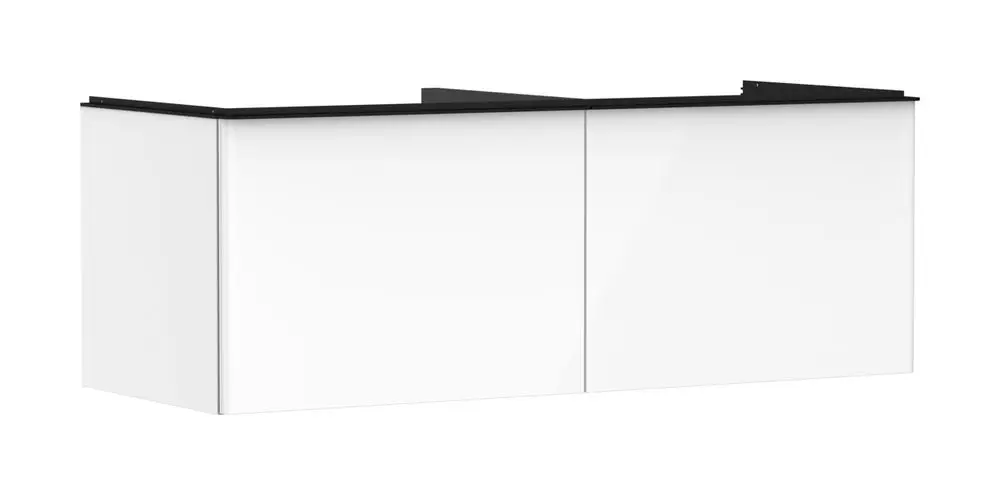 Weißer Waschtischunterschrank von Hansgrohe mit zwei Schubkästen, geeignet für Konsolenspiegel, klare, glatte Oberflächen und modernes Design.